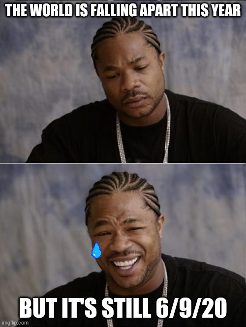 xzibit sad then happy | THE WORLD IS FALLING APART THIS YEAR; BUT IT'S STILL 6/9/20 | image tagged in xzibit sad then happy,2020,please help me,muffins,csi horatio yeeeaaaaaaa | made w/ Imgflip meme maker