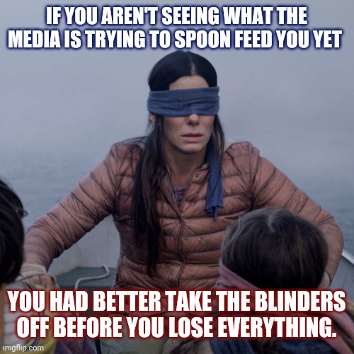 Bird Box | IF YOU AREN'T SEEING WHAT THE MEDIA IS TRYING TO SPOON FEED YOU YET; YOU HAD BETTER TAKE THE BLINDERS OFF BEFORE YOU LOSE EVERYTHING. | image tagged in memes,bird box | made w/ Imgflip meme maker
