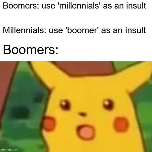 Surprised Pikachu | Boomers: use 'millennials' as an insult; Millennials: use 'boomer' as an insult; Boomers: | image tagged in memes,surprised pikachu | made w/ Imgflip meme maker