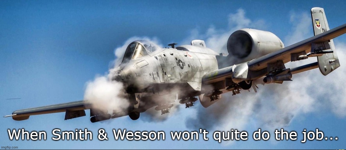 S&W won't do | When Smith & Wesson won't quite do the job... | image tagged in warthog,a10,gau8,smith and wesson | made w/ Imgflip meme maker