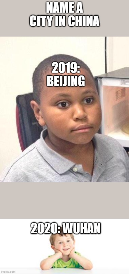 Cities in China | NAME A CITY IN CHINA; 2019: BEIJING; 2020: WUHAN | image tagged in memes | made w/ Imgflip meme maker