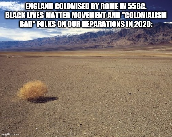 desert tumbleweed | ENGLAND COLONISED BY ROME IN 55BC. BLACK LIVES MATTER MOVEMENT AND "COLONIALISM BAD" FOLKS ON OUR REPARATIONS IN 2020: | image tagged in desert tumbleweed | made w/ Imgflip meme maker