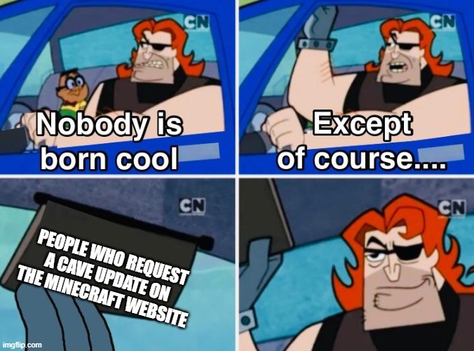 Nobody is born cool | PEOPLE WHO REQUEST A CAVE UPDATE ON THE MINECRAFT WEBSITE | image tagged in nobody is born cool | made w/ Imgflip meme maker