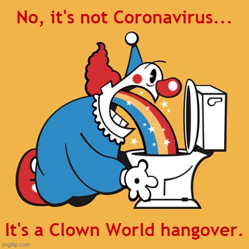 No, it's not Coronavirus... | No, it's not Coronavirus... It's a Clown World hangover. | image tagged in clown rainbow barf puke vomit toilet | made w/ Imgflip meme maker