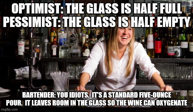 bartender | OPTIMIST: THE GLASS IS HALF FULL
PESSIMIST: THE GLASS IS HALF EMPTY; BARTENDER: YOU IDIOTS.  IT'S A STANDARD FIVE-OUNCE POUR.  IT LEAVES ROOM IN THE GLASS SO THE WINE CAN OXYGENATE | image tagged in bartender | made w/ Imgflip meme maker