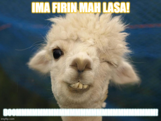alpaca | IMA FIRIN MAH LASA! BOOMMMMMMMMMMMMMMMMMMMMMMMMMM! | image tagged in alpaca | made w/ Imgflip meme maker