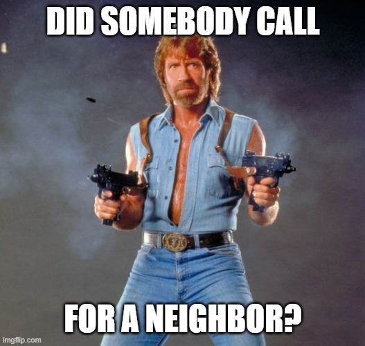 Chuck Norris Guns Meme | DID SOMEBODY CALL FOR A NEIGHBOR? | image tagged in memes,chuck norris guns,chuck norris | made w/ Imgflip meme maker