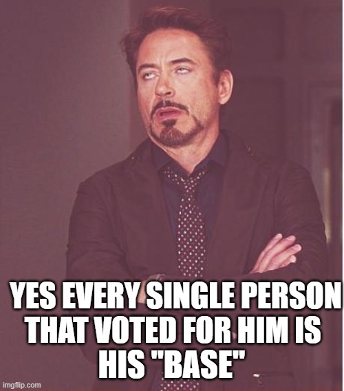 Face You Make Robert Downey Jr Meme | YES EVERY SINGLE PERSON THAT VOTED FOR HIM IS HIS "BASE" | image tagged in memes,face you make robert downey jr | made w/ Imgflip meme maker