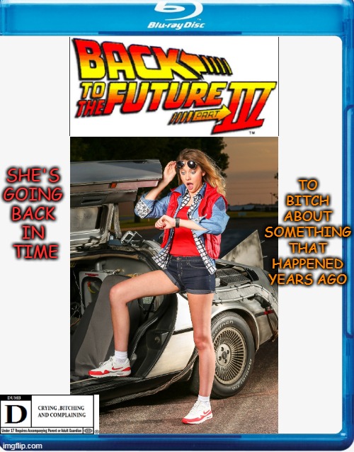 ANOTHER GREAT SERIES DESTROYED BY FEMINIST | TO BITCH ABOUT SOMETHING THAT HAPPENED YEARS AGO; SHE'S 
GOING 
BACK 
IN 
TIME | image tagged in back to the future,feminist,woke,fake movies | made w/ Imgflip meme maker