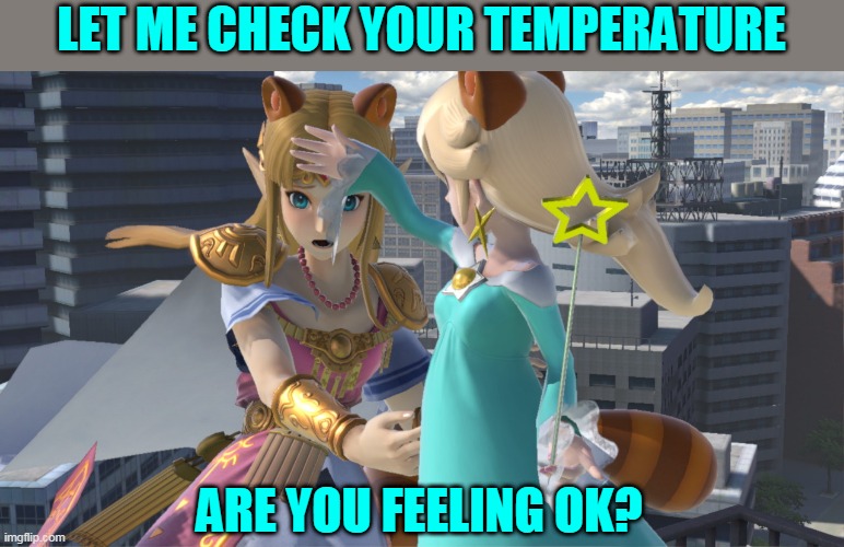 YOU BOTH ARE TURNING INTO RACCOONS! | LET ME CHECK YOUR TEMPERATURE; ARE YOU FEELING OK? | image tagged in super smash bros,rosalina | made w/ Imgflip meme maker