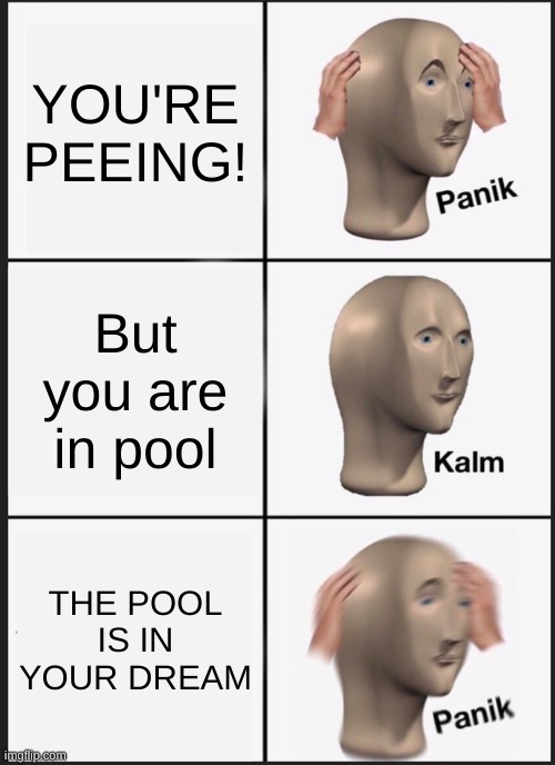 panik kalm panik | YOU'RE PEEING! But you are in pool; THE POOL IS IN YOUR DREAM | image tagged in memes,panik kalm panik | made w/ Imgflip meme maker