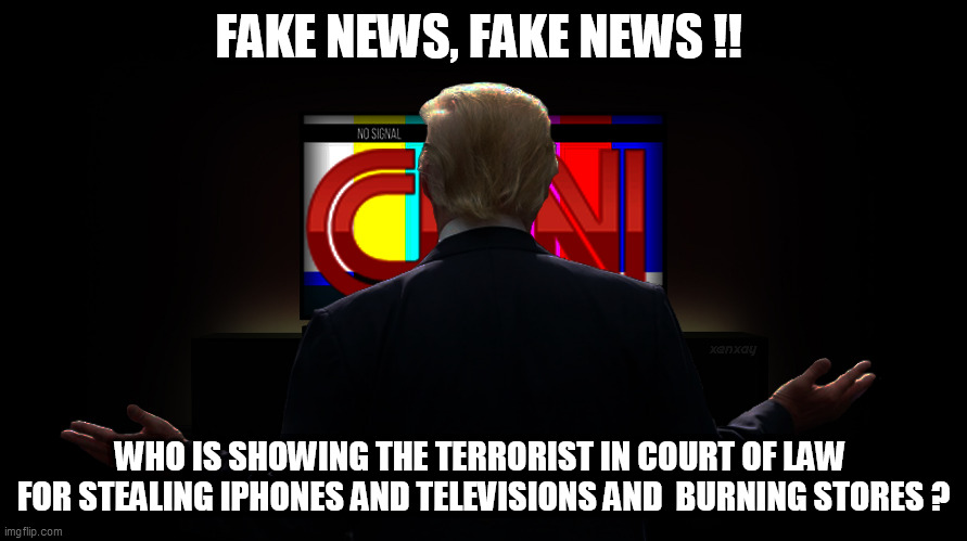 Trump watching CNN | FAKE NEWS, FAKE NEWS !! WHO IS SHOWING THE TERRORIST IN COURT OF LAW  FOR STEALING IPHONES AND TELEVISIONS AND  BURNING STORES ? | image tagged in trump watching cnn | made w/ Imgflip meme maker