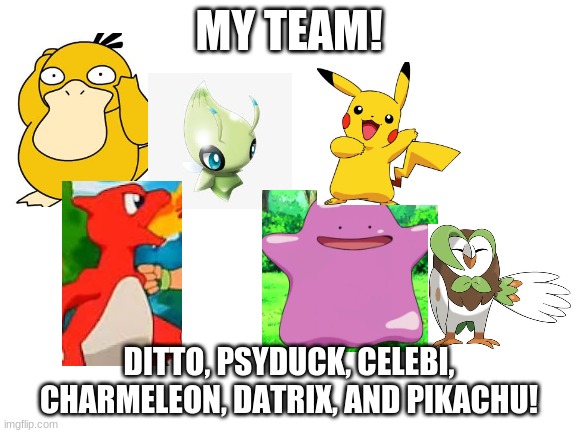Blank White Template | MY TEAM! DITTO, PSYDUCK, CELEBI, CHARMELEON, DATRIX, AND PIKACHU! | image tagged in blank white template,my heart | made w/ Imgflip meme maker