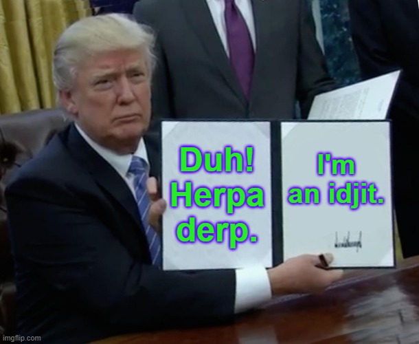 Trump Bill Signing | Duh! Herpa derp. I'm an idjit. | image tagged in memes,trump bill signing | made w/ Imgflip meme maker
