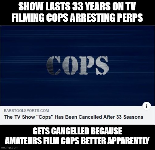 RIP COPS | SHOW LASTS 33 YEARS ON TV FILMING COPS ARRESTING PERPS; GETS CANCELLED BECAUSE AMATEURS FILM COPS BETTER APPARENTLY | image tagged in cops,bad boys | made w/ Imgflip meme maker