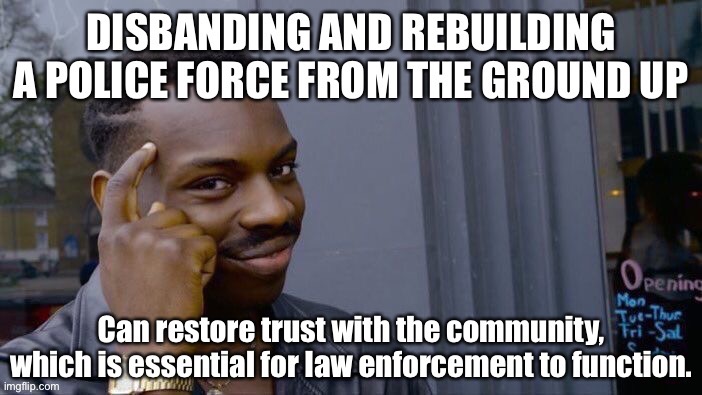 Disbanding PD’s and re-constituting them is a dramatic step, but it has a proven track record of success. | image tagged in police,police brutality,george floyd,policy,deep thoughts,deep thought | made w/ Imgflip meme maker