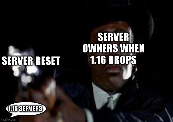 1.16 update reset | SERVER OWNERS WHEN 1.16 DROPS; SERVER RESET; 1.15 SERVERS | image tagged in minecraft,server,update | made w/ Imgflip meme maker