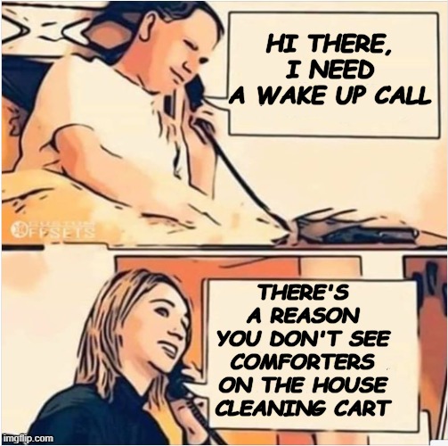 Don't change | HI THERE, I NEED A WAKE UP CALL; THERE'S A REASON YOU DON'T SEE COMFORTERS ON THE HOUSE CLEANING CART | image tagged in funny memes | made w/ Imgflip meme maker