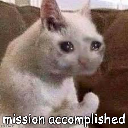 crying cat with fist | mission accomplished | image tagged in crying cat with fist | made w/ Imgflip meme maker