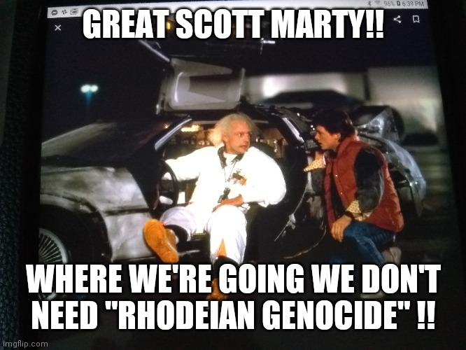 Black to the future | GREAT SCOTT MARTY!! WHERE WE'RE GOING WE DON'T NEED "RHODEIAN GENOCIDE" !! | image tagged in back to the future,black | made w/ Imgflip meme maker