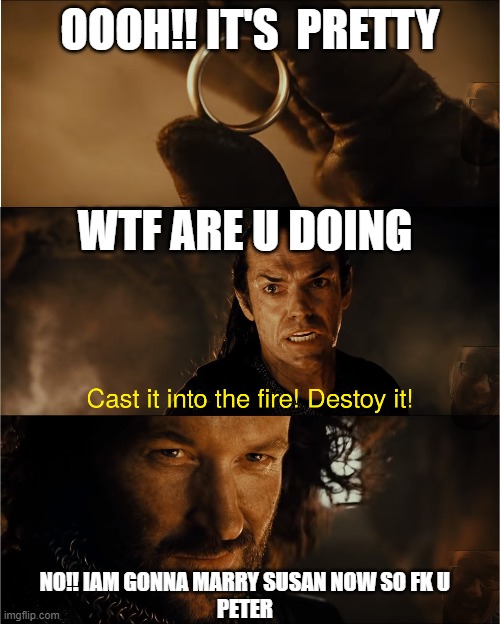 cast it into the fire | OOOH!! IT'S  PRETTY; WTF ARE U DOING; NO!! IAM GONNA MARRY SUSAN NOW SO FK U 
PETER | image tagged in cast it into the fire | made w/ Imgflip meme maker