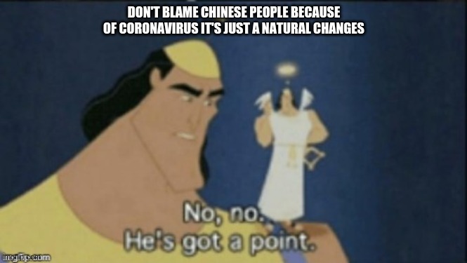 no no hes got a point | DON'T BLAME CHINESE PEOPLE BECAUSE OF CORONAVIRUS IT'S JUST A NATURAL CHANGES | image tagged in no no hes got a point | made w/ Imgflip meme maker