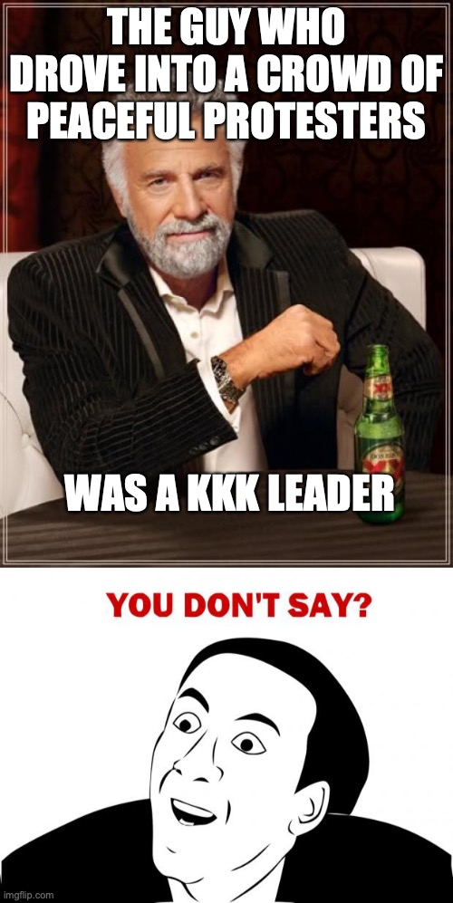 THE GUY WHO DROVE INTO A CROWD OF PEACEFUL PROTESTERS; WAS A KKK LEADER | image tagged in memes,the most interesting man in the world,you don't say | made w/ Imgflip meme maker