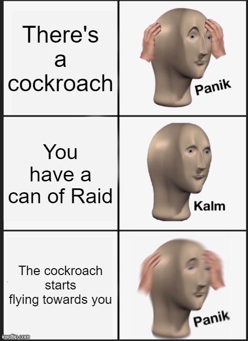 The amount of cockroach stories my dad has |  There's a cockroach; You have a can of Raid; The cockroach starts flying towards you | image tagged in memes,panik kalm panik,cockroaches,cockroach,raid | made w/ Imgflip meme maker