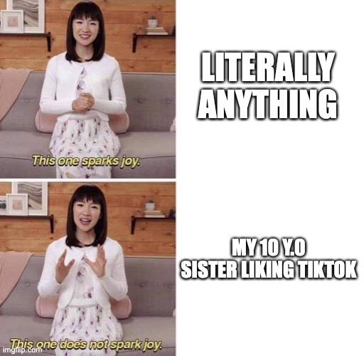 This one sparks joy | LITERALLY ANYTHING; MY 10 Y.0 SISTER LIKING TIKTOK | image tagged in this one sparks joy | made w/ Imgflip meme maker