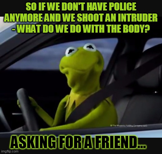 Kermit driver | SO IF WE DON'T HAVE POLICE ANYMORE AND WE SHOOT AN INTRUDER - WHAT DO WE DO WITH THE BODY? ASKING FOR A FRIEND... | image tagged in kermit driver | made w/ Imgflip meme maker