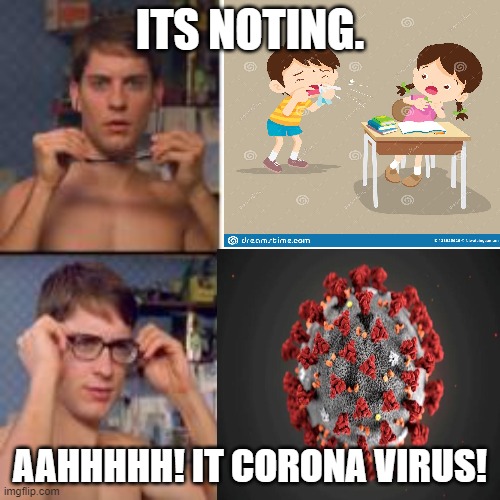 stay home | ITS NOTING. AAHHHHH! IT CORONA VIRUS! | image tagged in peter parker glasses | made w/ Imgflip meme maker