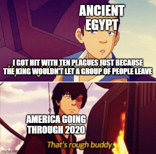 That's cute. HOW 'BOUT THIS?? | ANCIENT EGYPT; I GOT HIT WITH TEN PLAGUES JUST BECAUSE THE KING WOULDN'T LET A GROUP OF PEOPLE LEAVE; AMERICA GOING THROUGH 2020 | image tagged in that's rough buddy | made w/ Imgflip meme maker