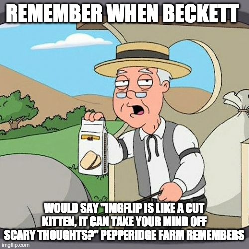Pepperidge Farm Remembers Meme | REMEMBER WHEN BECKETT WOULD SAY "IMGFLIP IS LIKE A CUT KITTEN, IT CAN TAKE YOUR MIND OFF SCARY THOUGHTS?" PEPPERIDGE FARM REMEMBERS | image tagged in memes,pepperidge farm remembers | made w/ Imgflip meme maker