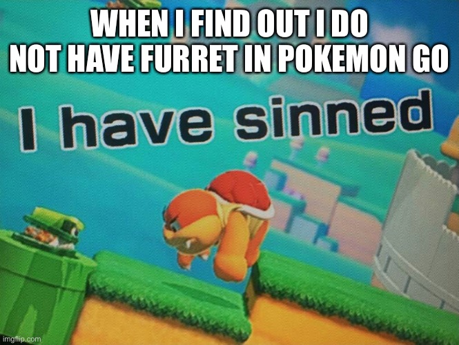 i am pretty sure i do but i did not check | WHEN I FIND OUT I DO NOT HAVE FURRET IN POKEMON GO | image tagged in i have sinned | made w/ Imgflip meme maker