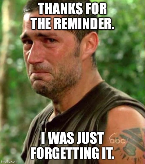 Man Crying | THANKS FOR THE REMINDER. I WAS JUST FORGETTING IT. | image tagged in man crying | made w/ Imgflip meme maker