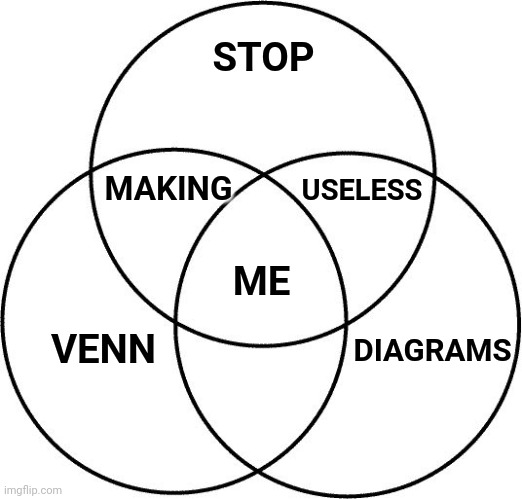 Venn diagram | MAKING; STOP; USELESS; ME; DIAGRAMS; VENN | image tagged in venn diagram,stop,useless | made w/ Imgflip meme maker