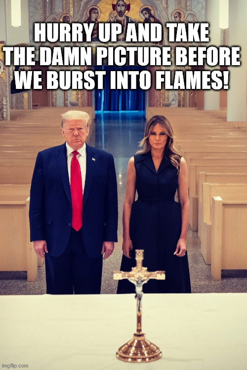 HURRY UP AND TAKE THE DAMN PICTURE BEFORE WE BURST INTO FLAMES! | image tagged in trump | made w/ Imgflip meme maker