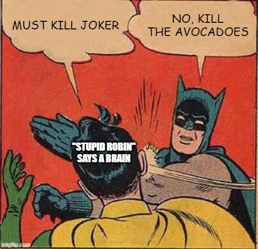 perfect | MUST KILL JOKER; NO, KILL THE AVOCADOES; "STUPID ROBIN" SAYS A BRAIN | image tagged in memes,batman slapping robin | made w/ Imgflip meme maker