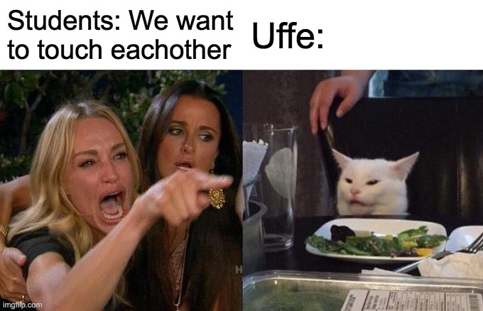 Woman Yelling At Cat Meme | Students: We want to touch eachother; Uffe: | image tagged in memes,woman yelling at cat | made w/ Imgflip meme maker
