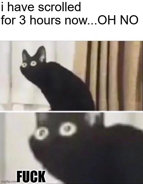 Oh No Black Cat | i have scrolled for 3 hours now...OH NO FUCK | image tagged in oh no black cat | made w/ Imgflip meme maker