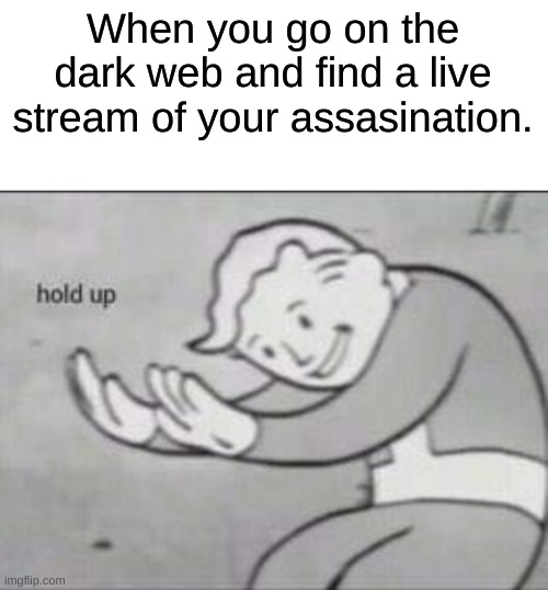 Ha ha. I'm in danger :) | When you go on the dark web and find a live stream of your assasination. | image tagged in fallout hold up with space on the top | made w/ Imgflip meme maker