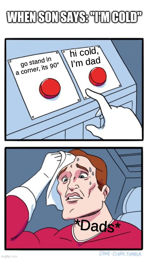 I'm cold | WHEN SON SAYS: "I'M COLD"; hi cold, I'm dad; go stand in a corner, its 90°; *Dads* | image tagged in memes,two buttons,funny,funny memes,funny meme,dad jokes | made w/ Imgflip meme maker