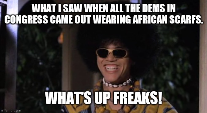 The pest freaks | WHAT I SAW WHEN ALL THE DEMS IN CONGRESS CAME OUT WEARING AFRICAN SCARFS. WHAT'S UP FREAKS! | image tagged in democrats,virtue signalling,cultural appropriation,sell out,clowns,fake news | made w/ Imgflip meme maker