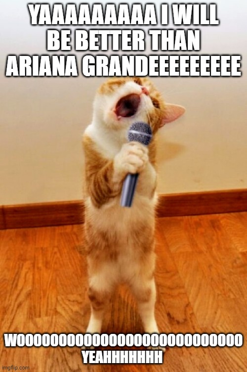 famous cat | YAAAAAAAAA I WILL BE BETTER THAN ARIANA GRANDEEEEEEEEE; WOOOOOOOOOOOOOOOOOOOOOOOOOOO YEAHHHHHHH | image tagged in singing cat | made w/ Imgflip meme maker