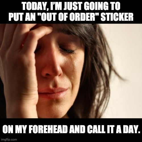 Good idea! | TODAY, I’M JUST GOING TO PUT AN "OUT OF ORDER" STICKER; ON MY FOREHEAD AND CALL IT A DAY. | image tagged in memes,first world problems | made w/ Imgflip meme maker