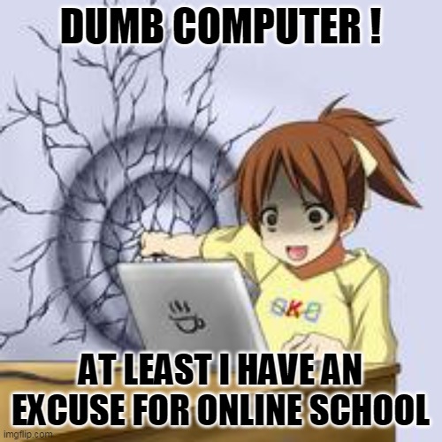 Anime wall punch | DUMB COMPUTER ! AT LEAST I HAVE AN EXCUSE FOR ONLINE SCHOOL | image tagged in anime wall punch | made w/ Imgflip meme maker