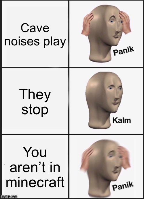 Panik | Cave noises play; They stop; You aren’t in minecraft | image tagged in memes,panik kalm panik | made w/ Imgflip meme maker