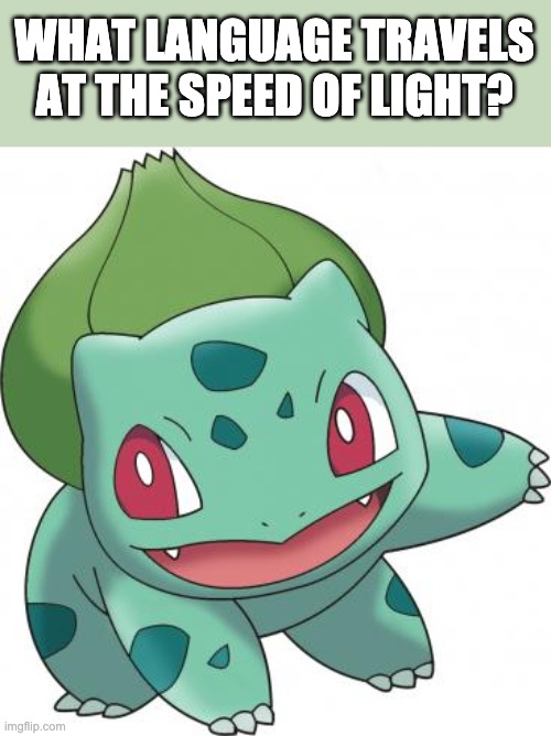 The Bulbasaur in the picture isn't a hint, I just want to use him in this meme. | WHAT LANGUAGE TRAVELS AT THE SPEED OF LIGHT? | image tagged in bulbasaur sound as balthasar in some languages | made w/ Imgflip meme maker