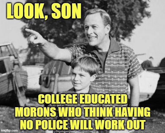 Minneapolis Morons | LOOK, SON; COLLEGE EDUCATED MORONS WHO THINK HAVING NO POLICE WILL WORK OUT | image tagged in memes,look son | made w/ Imgflip meme maker