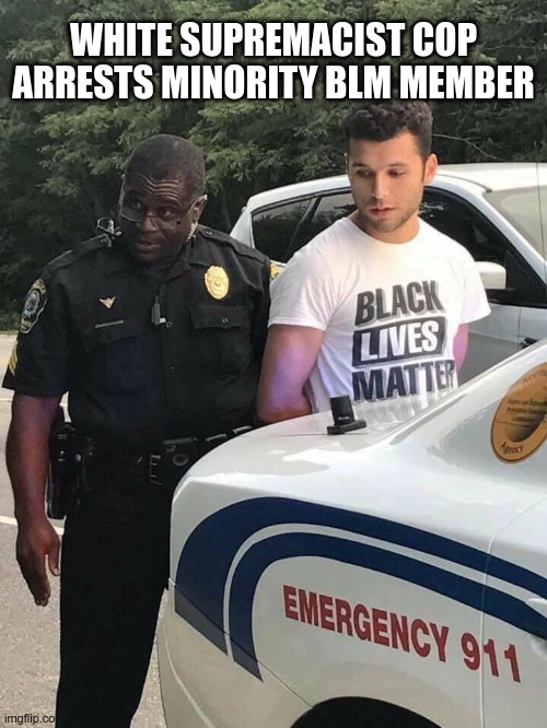 Wait, what? |  WHITE SUPREMACIST COP ARRESTS MINORITY BLM MEMBER | image tagged in blm,police,arrest,funny | made w/ Imgflip meme maker